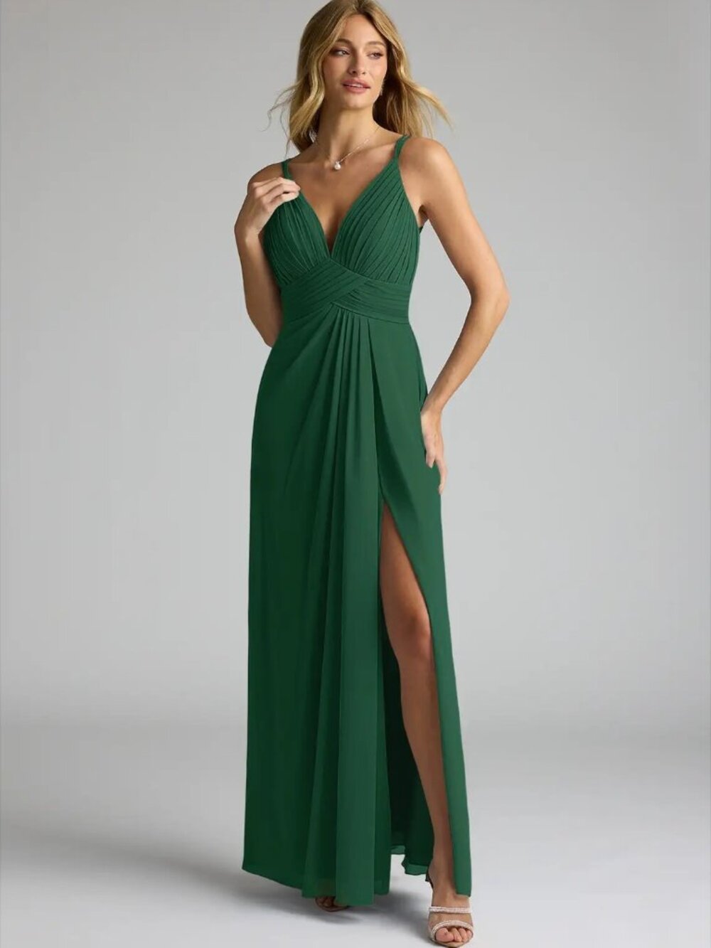Azazie Maren Allure Dark Green A-Line V-Neck Lace Chiffon Dress NWT